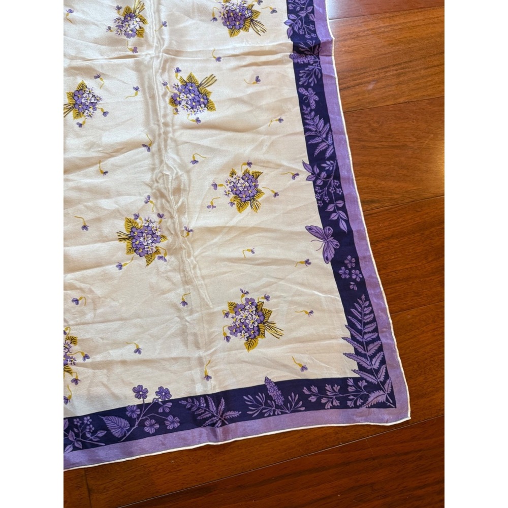 Jo Copeland Floral Bouquet Scarf Coquette 1960s | Purple Cream | 35" Square - Picture 4 of 10